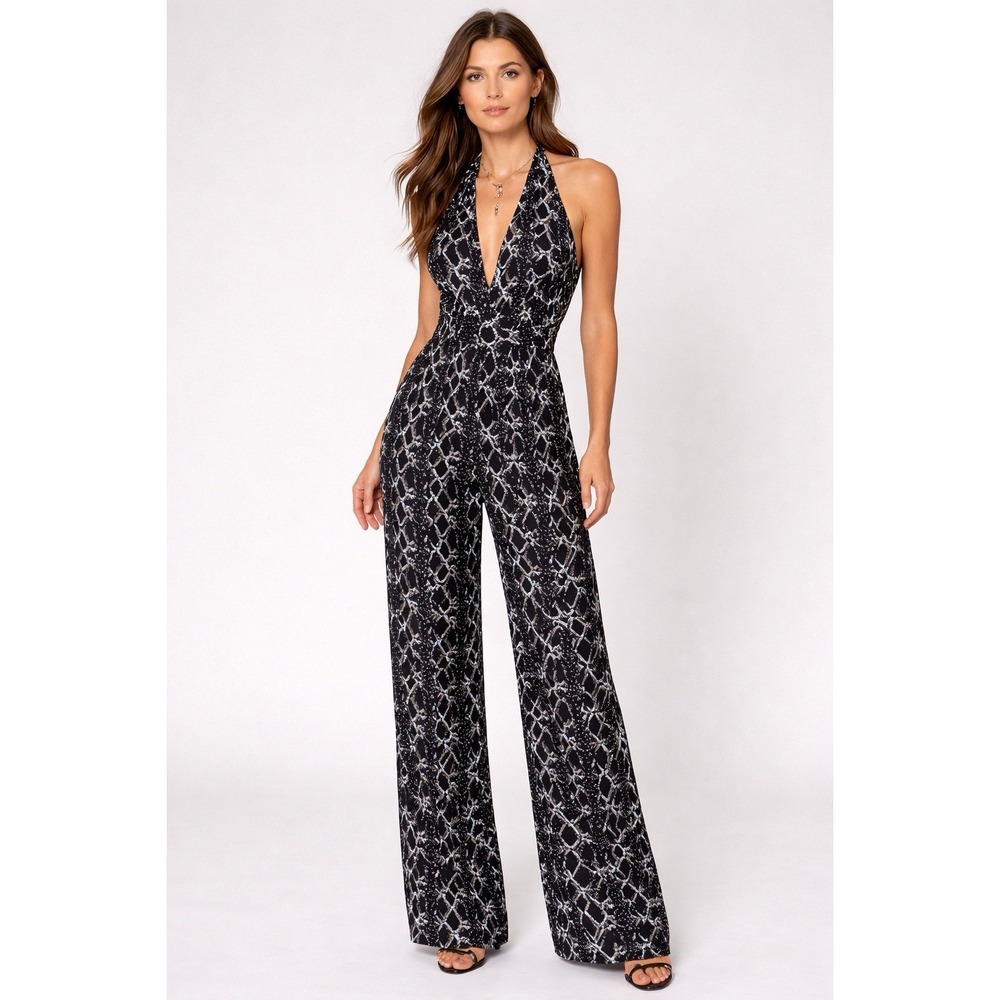Diane von Furstenberg Jumpsuit 100% Silk Black Snake Print Halter Luxury Sz‎ 4